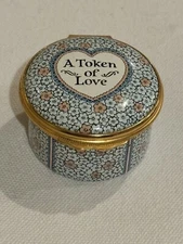 Vintage Bilston Halcyon Days A Token of Love Blue Pink Flowers Enamel Pill Box