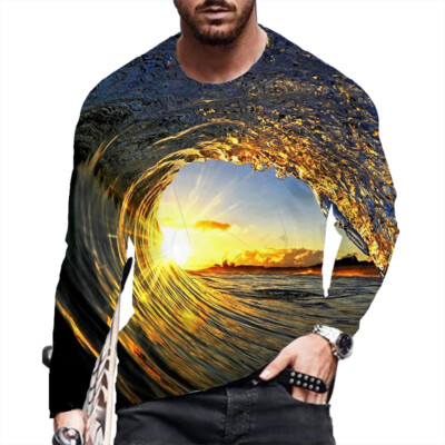T Shirts Men Long Sleeve 3D Gold Wave Ultra Soft Fashion Graphic Casual  T-Shirt