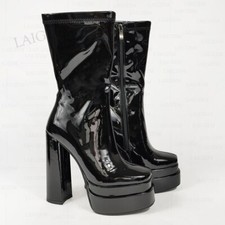 Women Calf High Boots Shiny Platform Zip Up Chunky High Heels Boots Ladies Shoes