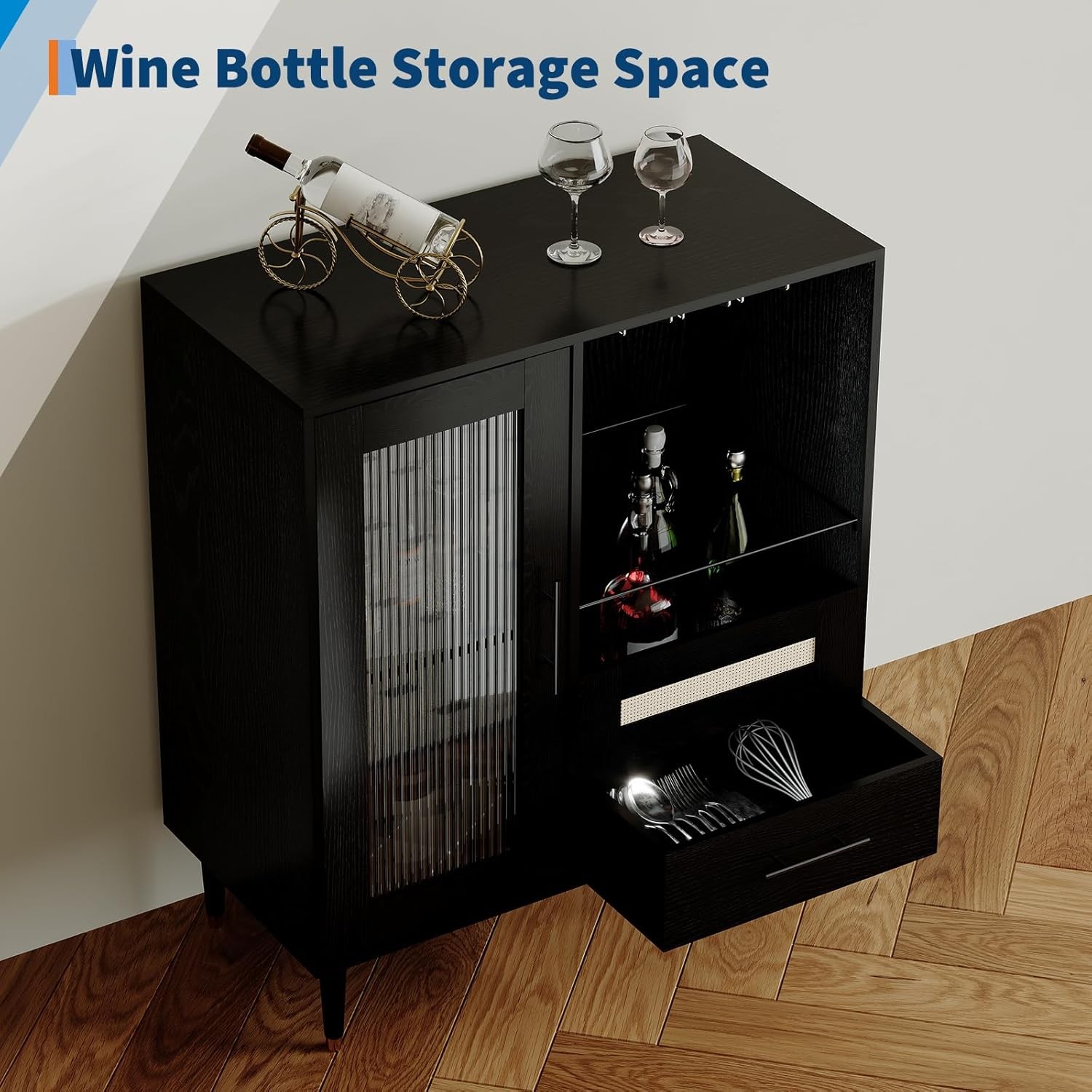 Wine Bar Liquor Cabinet w/ Wine Glass Rack Door Display Drawer Buffet Sideboard