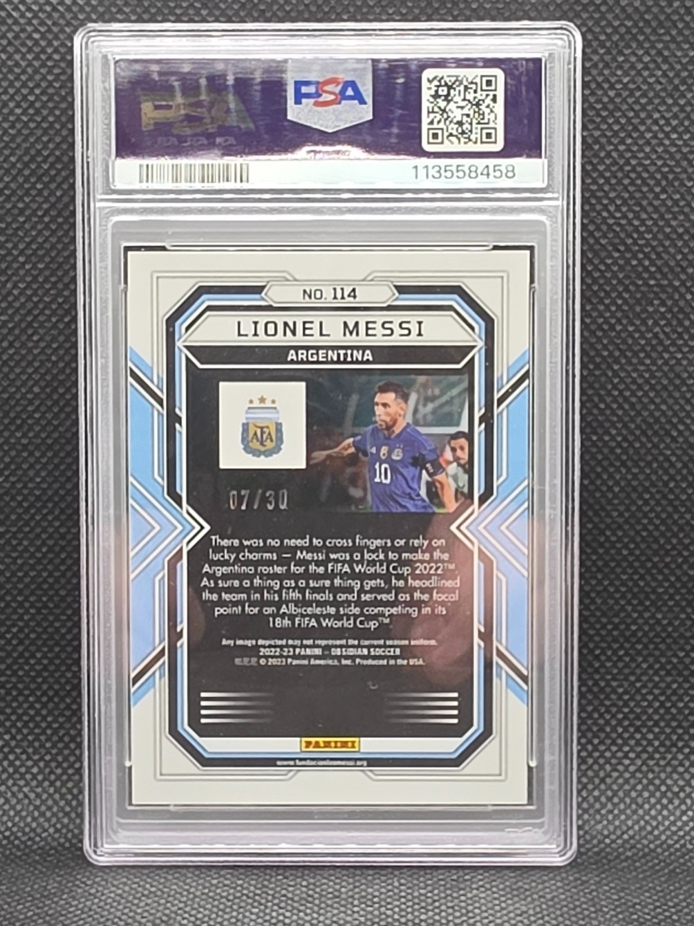 2022-23 Panini Obsidian Red Pulsar #114 Lionel Messi 07/30 PSA view 2