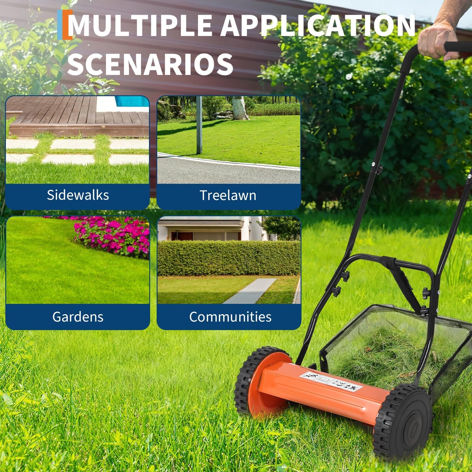 14'' Manual Push Reel Lawn Mower Eco-Friendly 5 Steel Blades Adjustable Height