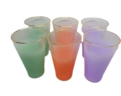 Lot of 6 VTG Gala Blendo Frosted Glass Tumblers Green, Orange, Purple w/Gold Rim