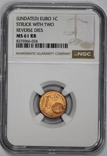 Undated Euro 1c Cent Error Struck with Two Reverse Dies NGC MS 61 RB