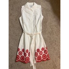 CeCe Womens Small White Cotton Shirt Dress Red Floral Eyelet Scallop Hem Belted