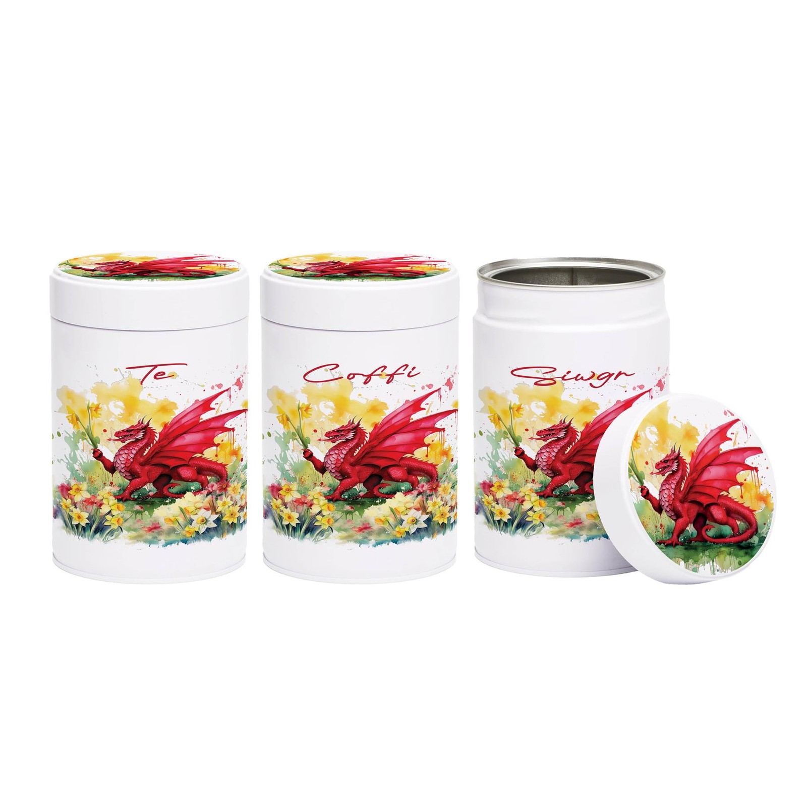 Welsh Dragon & Daffodils Te, Coffi & Siwgr Canister Set - Wales Souvenir Gifts