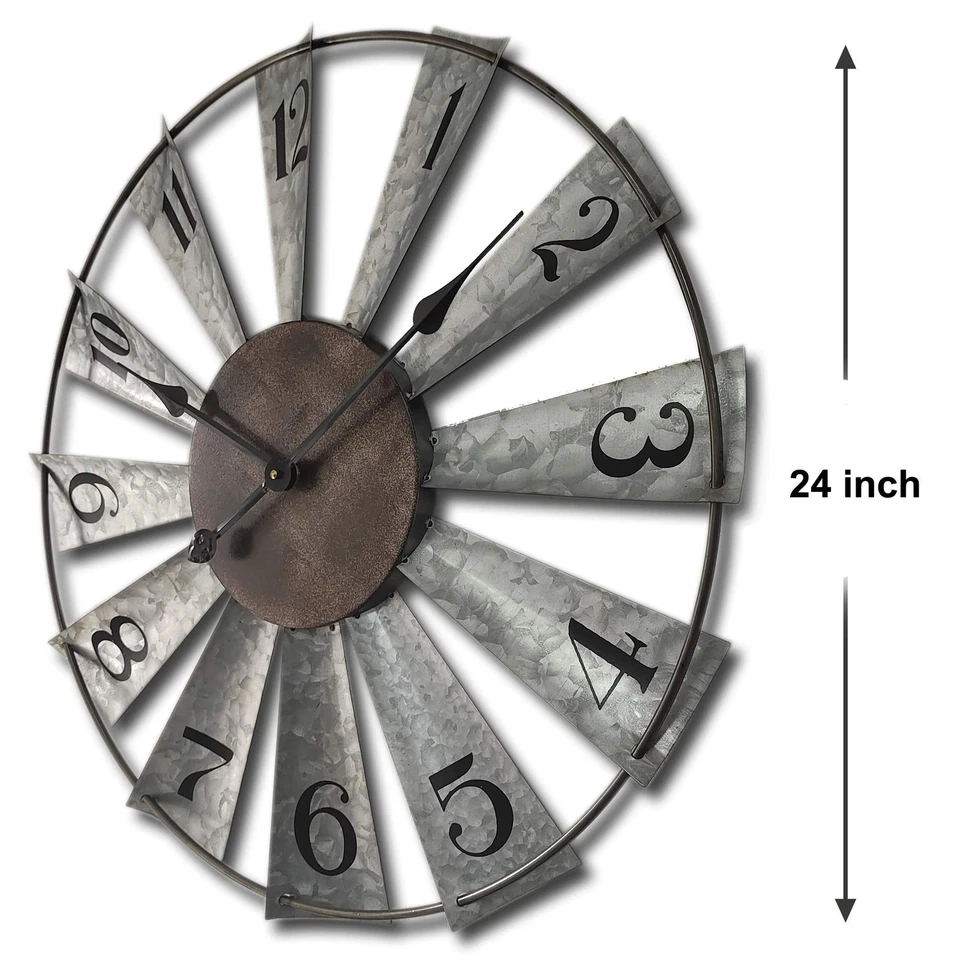 24inch Windmill Distressed Metal Wall Clocks Rustic Large Decorative Clock Ov... - Image 2 of 4