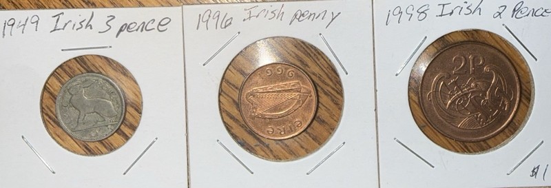 Lot of 3 Irish Coins - 1949 3 Pence, 1996 1 Penny, 1998 2 Pence