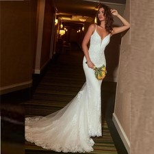 Sexy Mermaid Wedding Dresses Spaghetti Plunging Neckline Applique Bridal Gowns