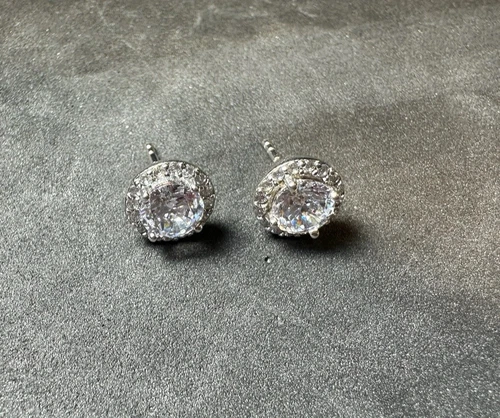 2.14g Vintage 925 Sterling Silver Halo CZ Stud Earrings Round Brilliant Cut