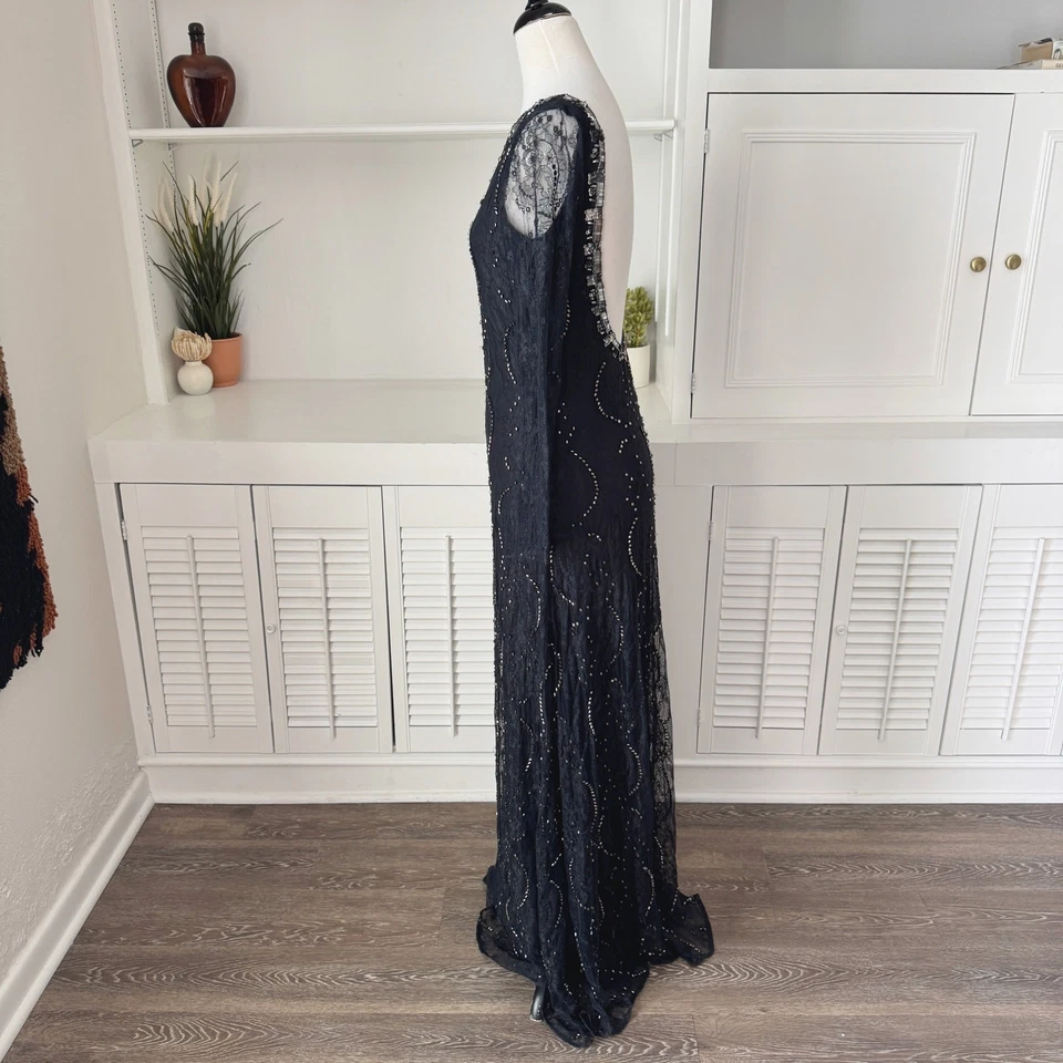Free People Embellished Beaded Black Lace Long Sleeve Low Back Maxi Dress Size 6 - Image 4 of 4
