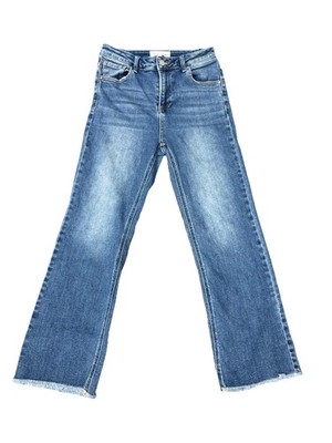 RISEN Barrel Straight Women's Jeans Blue Denim Raw Hem Button Zip 5-Pocket