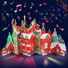 Christmas Cards with Envelopes, Note Card and Lights Musical 3D Pop up Christmas