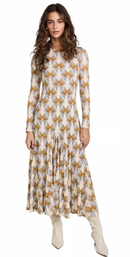 Abito tubino stampato Tory Burch sabbia deco gru Geo donna nuovo con etichette 4