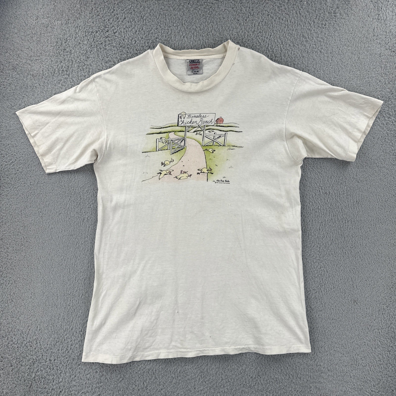 Vtg ONEITA XL White Single Stitch USA Made Shirt The Far Side Boneless Chicken