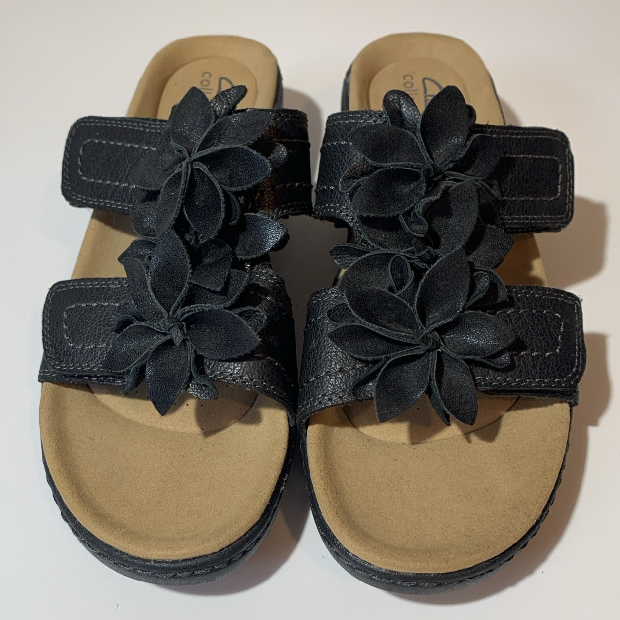 Clarks Womens Black Leather Open Toe Comfort Slide Sandals Size 8.5 M