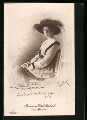 Postcard Princess Eitel Friedrich of Prussia in elegant dress with feather hat 