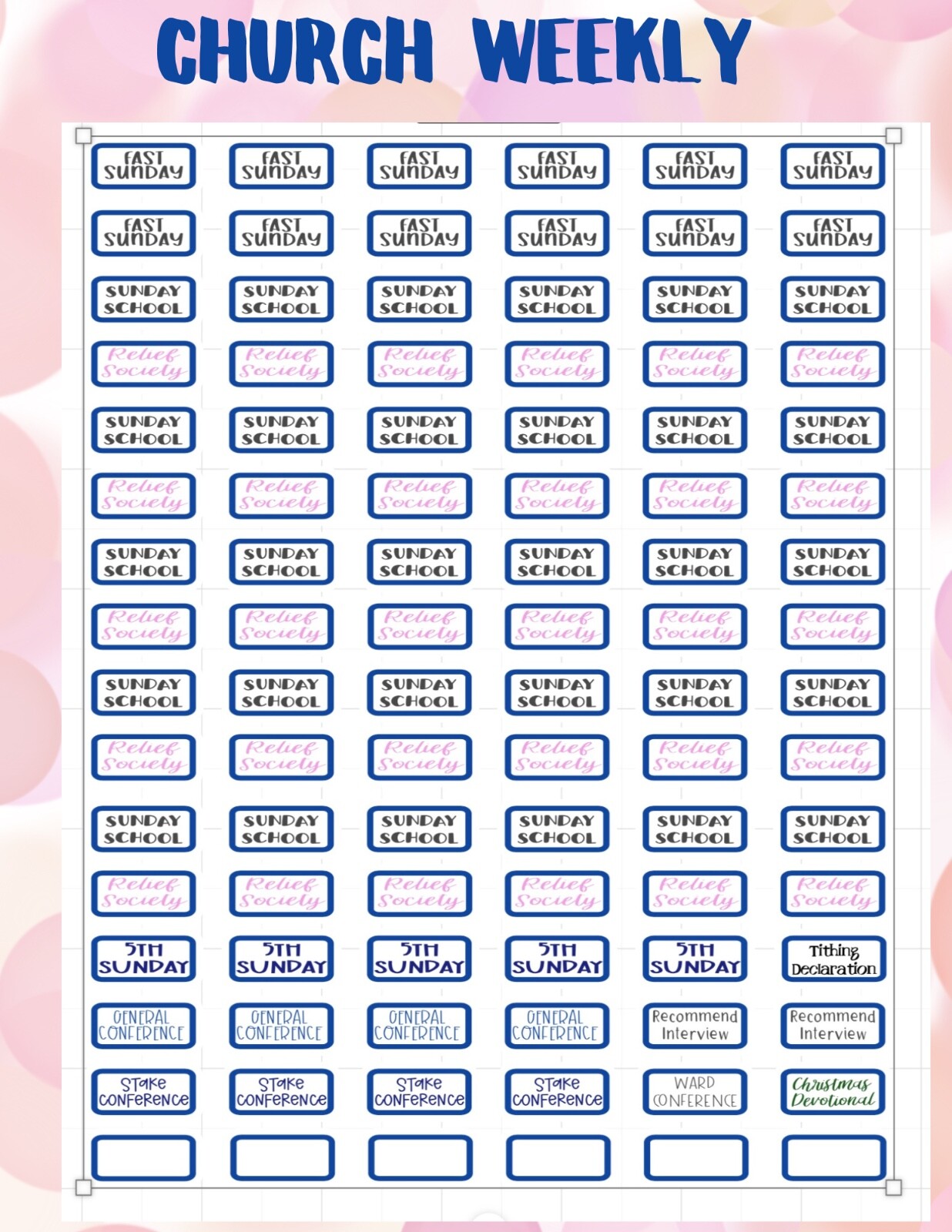 PLANNER STICKERS – PREMIUM STICKERS –APROX 6.75 X 9.25 SHEET -LDS CHURCH WEEKLY