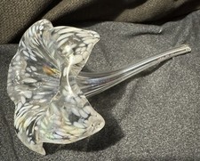 Vintage Hand Blown Art Glass Lily Flower Opalescent White Confetti W/ Green Stem