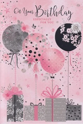 SIMON ELVIN OPEN FEMALE HAPPY BIRTHDAY GREETING CARD 7"X5" BALLOONS PINK AND SILVER