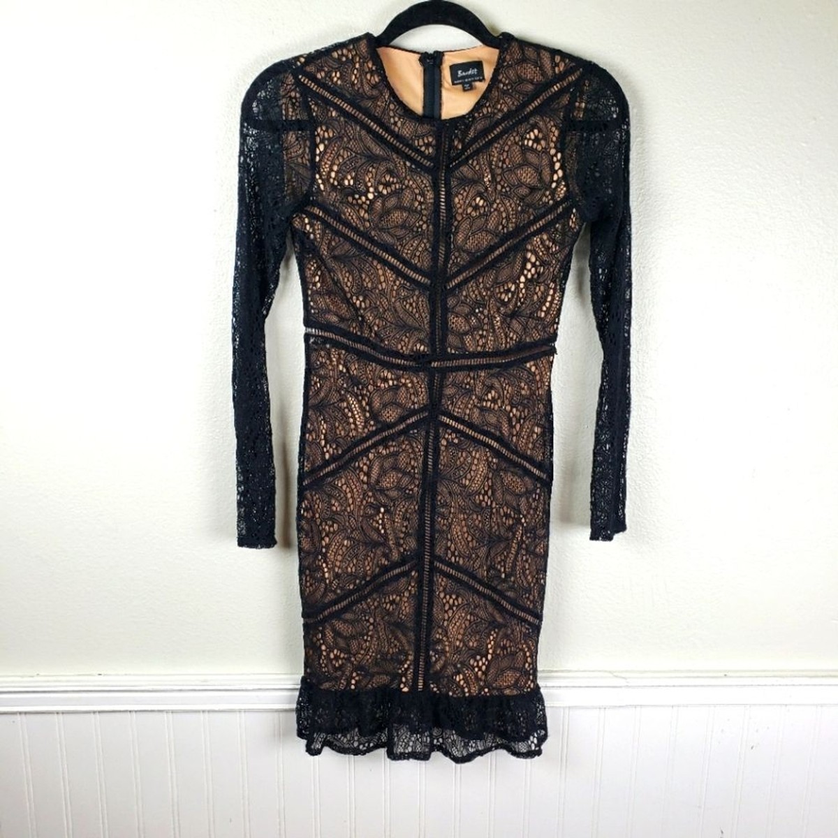 Women's Bardot Sasha Nude Black Lace Mini Bodycon Evening Dress Size 04/  XSmall | eBay
