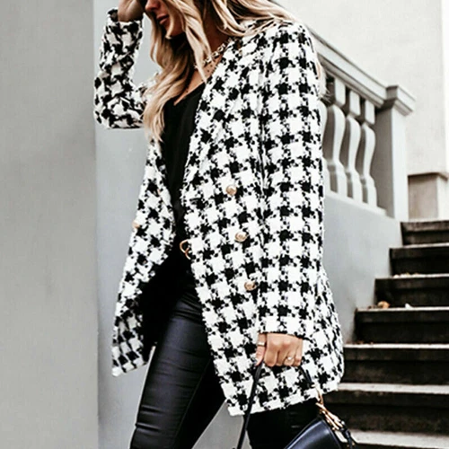 Women's Stylish Check Print Wool Blazer Coat Ladies Long Sleeve Collared Jacket - Picture 17 of 52