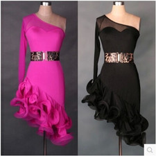 Latin Dance Dress Girls 2Pcs Dress Belt Black/Blue/Red/Purple/Rose S-XXL Fringe