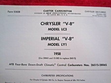 CARBURADOR CHRYSLER LC3 1958, IMPERIAL LY1 CARTER 2651S y 2806S hoja de información y especificaciones