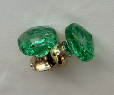 Vintage Brass Victorian Cut Glass Green Knob Handle Spindle for Door Cupboard 2x