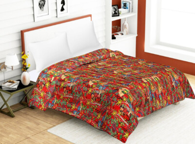 Farida Kalo Print Red Throw Kantha Quilt Cotton Bedding Decor Quilt 90x108 in
