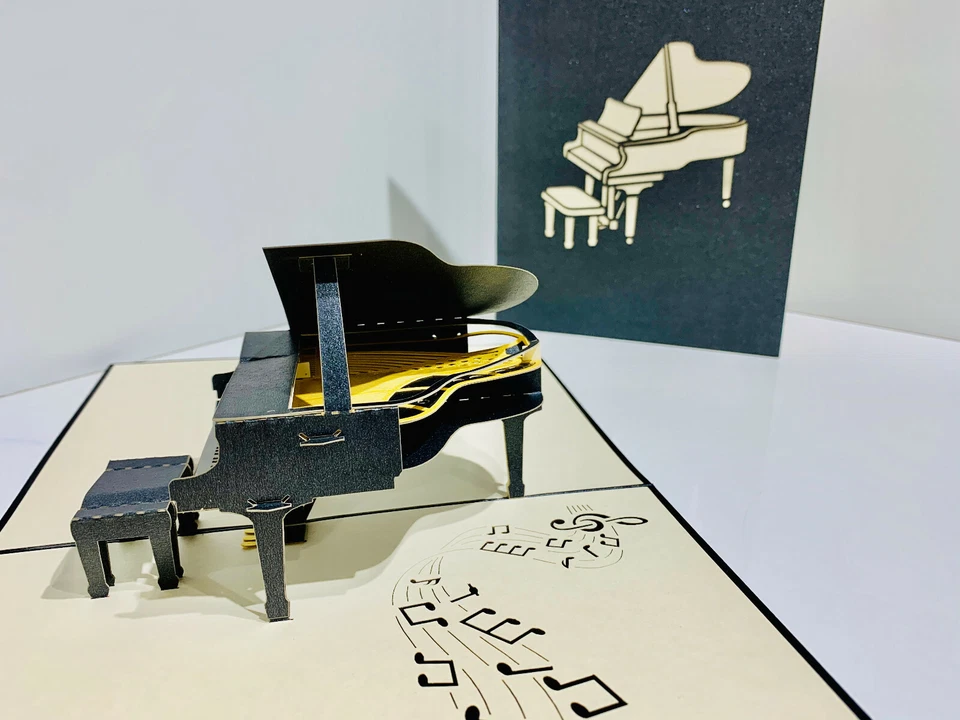 Tarjetas Pop Origami Dorado Negro Piano de Cola 3D Pop Up Tarjeta de Felicitación Feliz Cumpleaños Foto 4 de 4