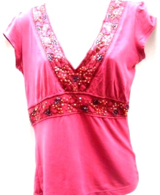  SIZE 12-14 RASPBERRY PINK,EMPIRE LINE,LACE & SEQUIN TRIM, V neck SMOCK TOP MEXX