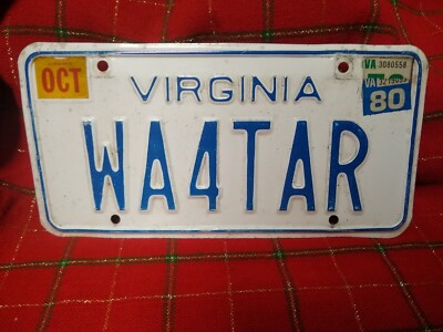 License Plate Vanity Virginia VA Vintage 1980's Waah Forty Are Or Way For Tar