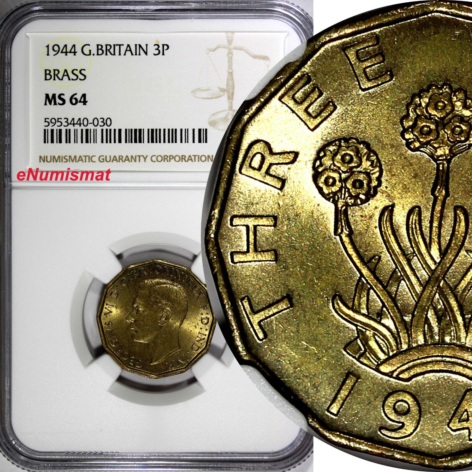 Great Britain Popular shop is the lowest price challenge George sale VI Brass 1944 3 MS64 Issue WWII K NGC Pence