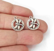 4 Hammered Dragonfly Charms Round Dangle Antique Silver Plated G23846