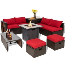 9PCS Patio Rattan Furniture Set 30" Fire Pit Table Space-saving Cover Red