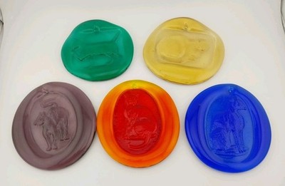 Set of 5 Pressed Art Glass Kitty Cat Sun Catchers - Red Blue Green Amber Purple