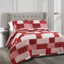 King 3pc Greenville Reversible Quilt Red - Lush D cor: Cotton Bedding Set