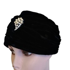 Vintage 1940's Black Velvet Turban Hat With Pearls And Rhinestones