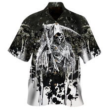 Day Of Death Skull Scythe Halloween Black And White Aloha Hawaiian Shirt