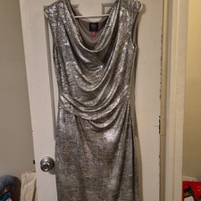 Vince Camuto Silver Ruched Cowl Neck Sleeveless Sheath Dress Stretch Size 10