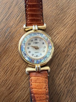 Ladies L.A. Express Gold Tone Prismatic Rock Chip Bezel Brown Leather Watch K1