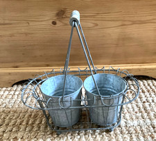 Rustic Grey Wire Metal Double Plant Pot Holder With 2 Galvanised Plant Pots