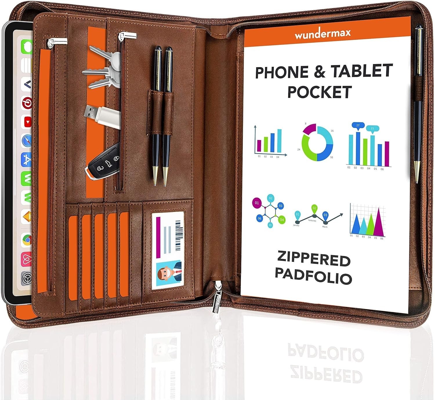 Wundermax Vegan Leather Portfolio Zipper Padfolio Organizer 