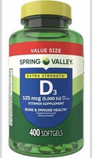Spring Valley Vitamin D3 Softgels 5000IU 400 Count 125 Mcg Per Softgel lot Of 