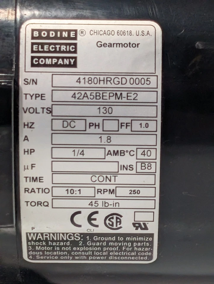 Bodine Electric 42A5BEPM-E2 Gearmotor, 250rpm, 1/4hp, 130vdc, 1.8a, Ratio 10:1 - Image 4 of 4
