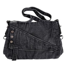 Large Dark Wash Denim Shoulder Messenger Tote Bag Button Trim