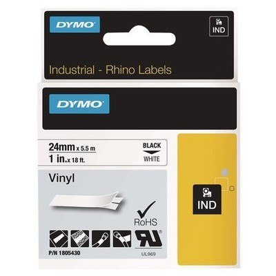 DYMO Rhino Permanent Vinyl Industrial Label Tape, 1'' x 18 ft, White/Black Print