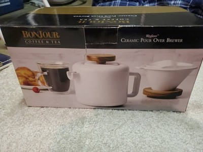 Ceramic Teak Coffee And Tea Pour Over Coffee Maker Brewer Dripper with Pot
