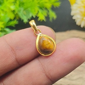 Authentic Natural Tiger eye 8x10mm Pear Gemstone Pendant, Gold Plated Handmade Jewelry.